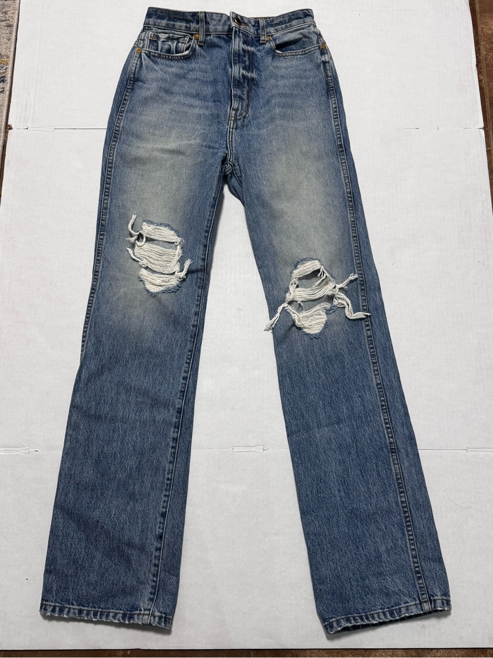 KHAITE Distressed Mid-Blue Straight-Leg Jeans